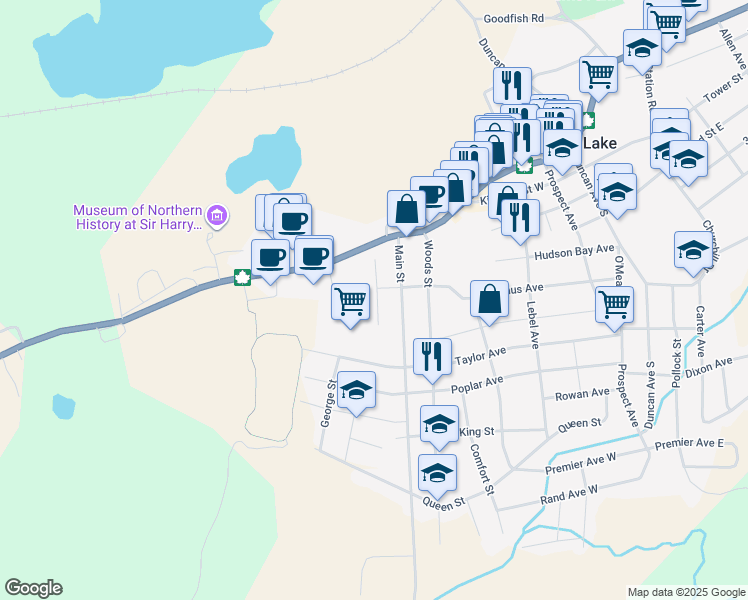 map of restaurants, bars, coffee shops, grocery stores, and more near 14 Lakeshore Road in Kirkland Lake