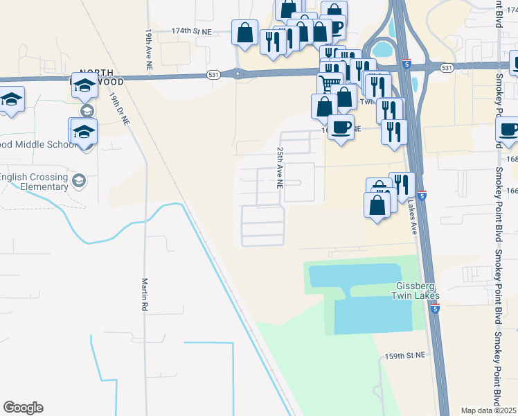 map of restaurants, bars, coffee shops, grocery stores, and more near 16600 25th Avenue Northeast in Marysville