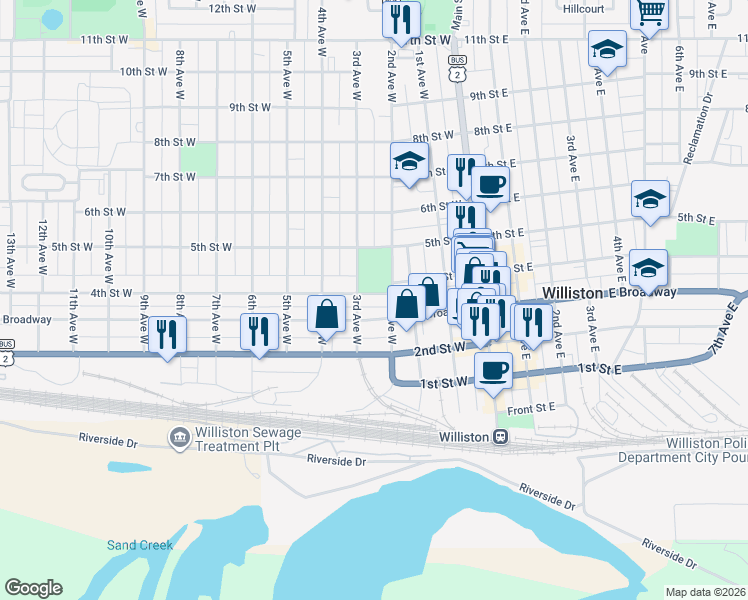 map of restaurants, bars, coffee shops, grocery stores, and more near 441-499 3rd Avenue West in Williston