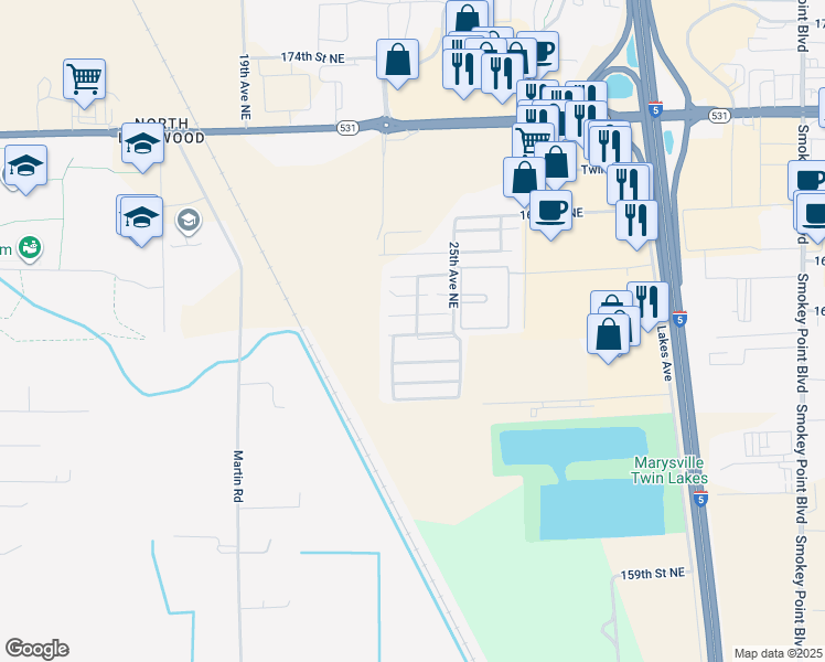 map of restaurants, bars, coffee shops, grocery stores, and more near 16600 25th Avenue Northeast in Marysville