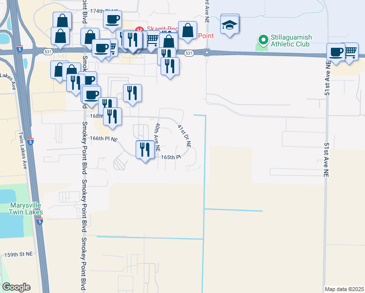 map of restaurants, bars, coffee shops, grocery stores, and more near 16532A 41st Avenue Northeast in Arlington