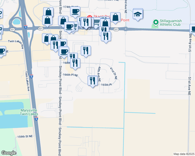map of restaurants, bars, coffee shops, grocery stores, and more near 4007 166th Street Northeast in Arlington
