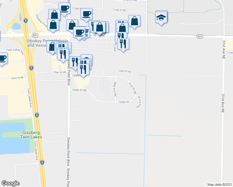 map of restaurants, bars, coffee shops, grocery stores, and more near 4007 166th Street Northeast in Arlington