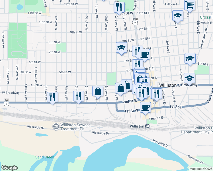 map of restaurants, bars, coffee shops, grocery stores, and more near 300 4th Street West in Williston