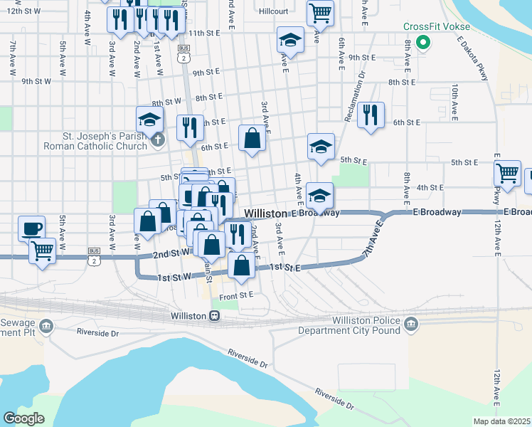 map of restaurants, bars, coffee shops, grocery stores, and more near in Williston