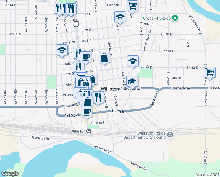 map of restaurants, bars, coffee shops, grocery stores, and more near in Williston