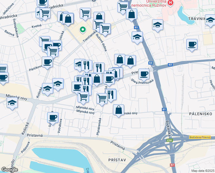 map of restaurants, bars, coffee shops, grocery stores, and more near in Bratislava