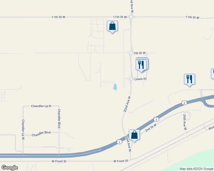map of restaurants, bars, coffee shops, grocery stores, and more near 405 32nd Avenue West in Williston