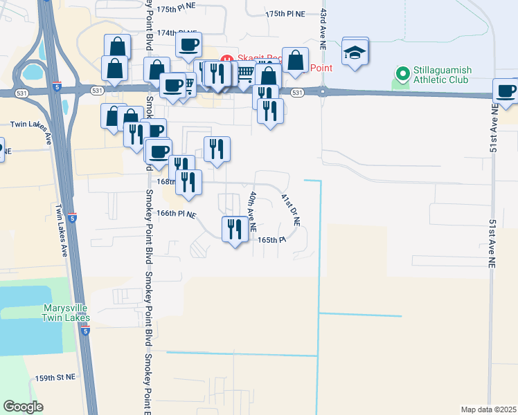 map of restaurants, bars, coffee shops, grocery stores, and more near 4007 166th Street Northeast in Arlington