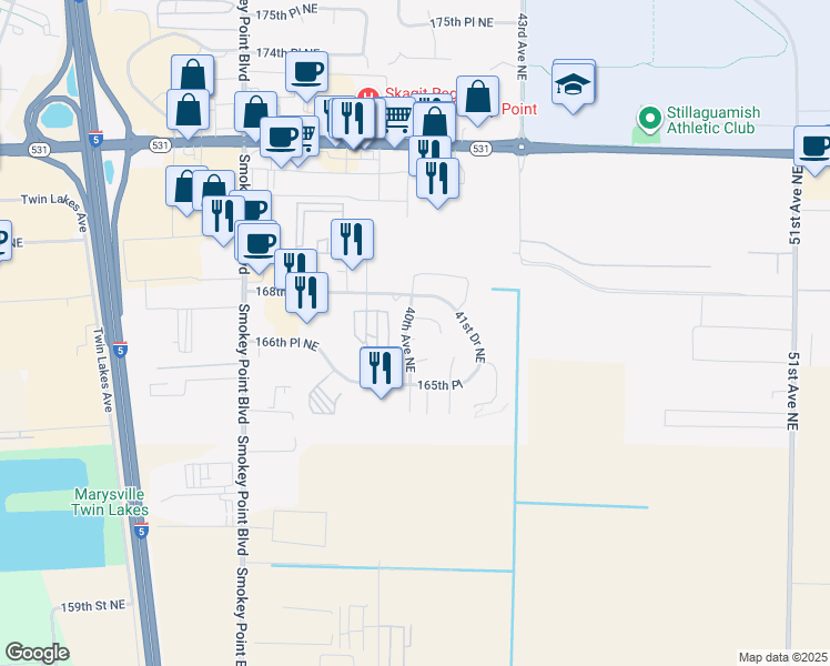 map of restaurants, bars, coffee shops, grocery stores, and more near 4007 166th Street Northeast in Arlington