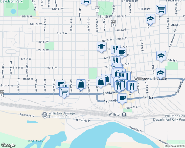 map of restaurants, bars, coffee shops, grocery stores, and more near 499 3rd Avenue West in Williston