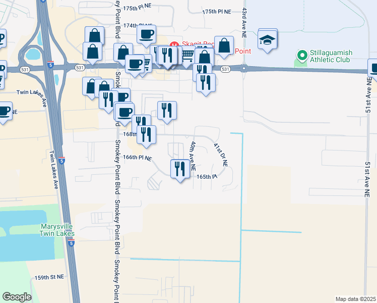 map of restaurants, bars, coffee shops, grocery stores, and more near 4007 166th Street Northeast in Arlington