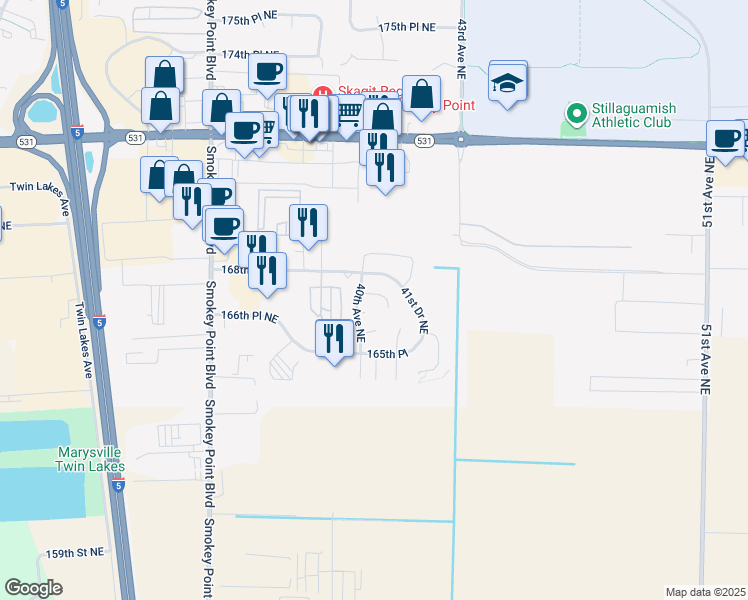 map of restaurants, bars, coffee shops, grocery stores, and more near 4007 166th Street Northeast in Arlington