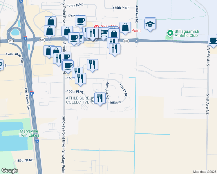 map of restaurants, bars, coffee shops, grocery stores, and more near 4006 167th Street Northeast in Arlington