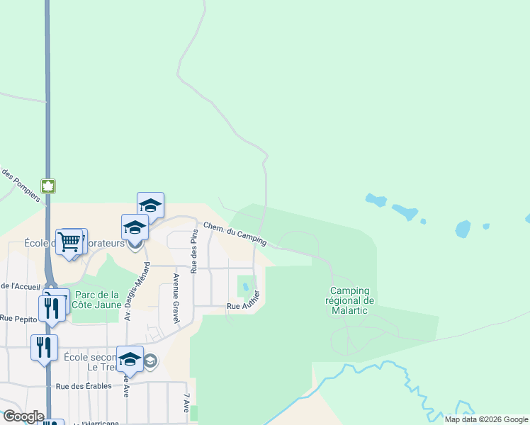 map of restaurants, bars, coffee shops, grocery stores, and more near Rue Authier in Malartic
