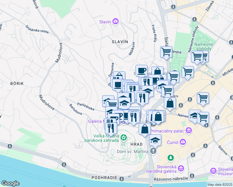 map of restaurants, bars, coffee shops, grocery stores, and more near 29 Palisády in Bratislava I