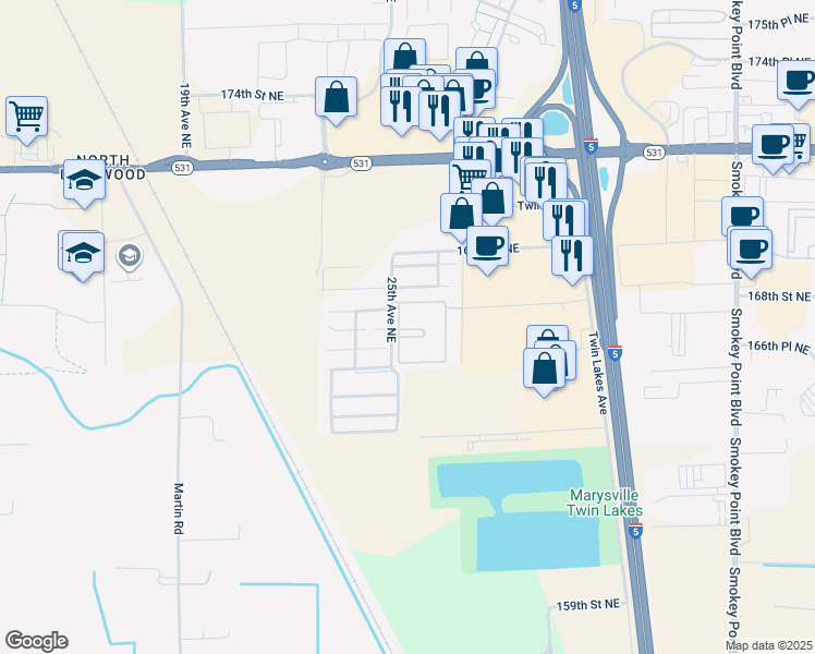 map of restaurants, bars, coffee shops, grocery stores, and more near 16800 27th Avenue Northeast in Marysville