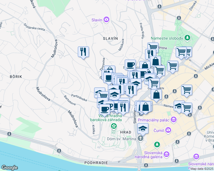 map of restaurants, bars, coffee shops, grocery stores, and more near 29 Palisády in Bratislava I