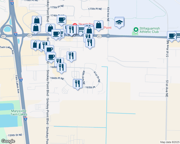 map of restaurants, bars, coffee shops, grocery stores, and more near 4027 168th Street Northeast in Arlington