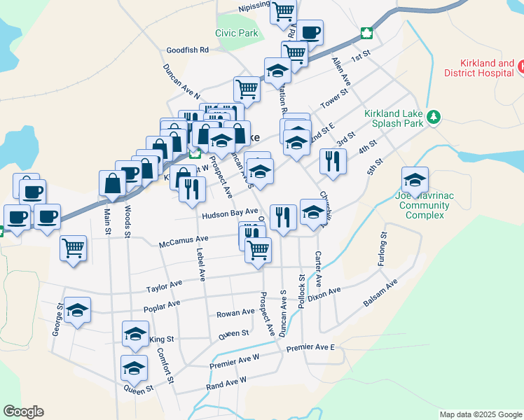 map of restaurants, bars, coffee shops, grocery stores, and more near 8 Hudson Bay Avenue in Kirkland Lake