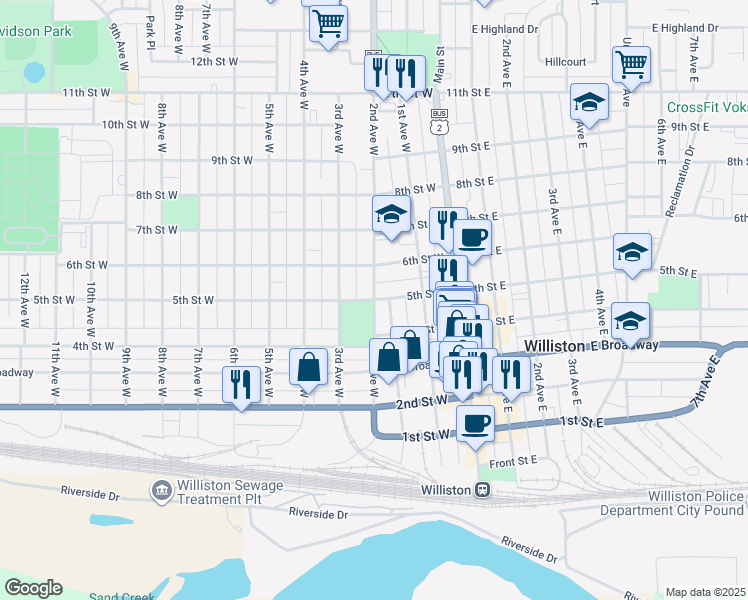 map of restaurants, bars, coffee shops, grocery stores, and more near 501 2nd Avenue West in Williston