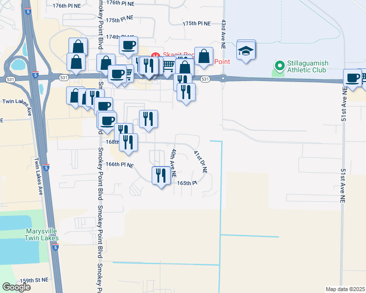 map of restaurants, bars, coffee shops, grocery stores, and more near 4009 168th Street Northeast in Arlington