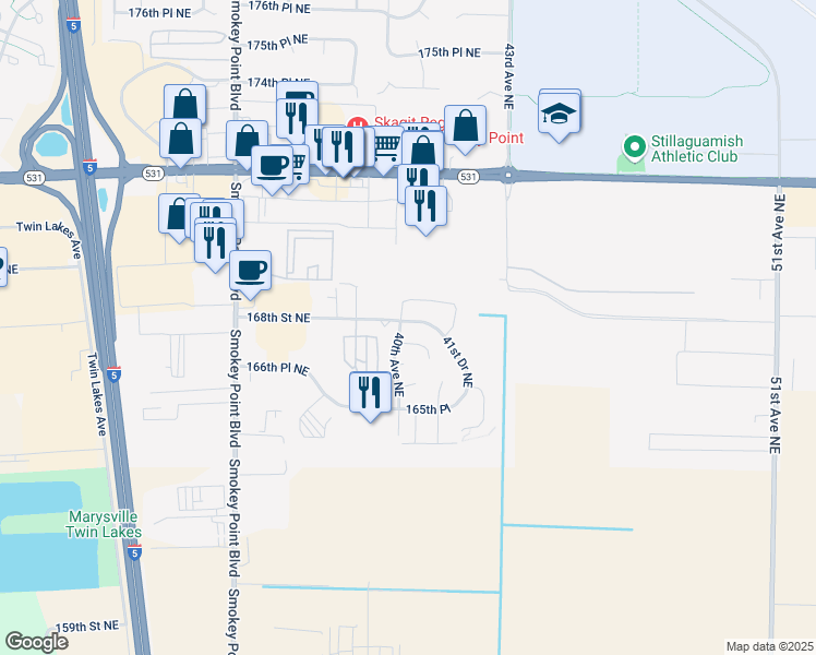 map of restaurants, bars, coffee shops, grocery stores, and more near 4009 168th Street Northeast in Arlington