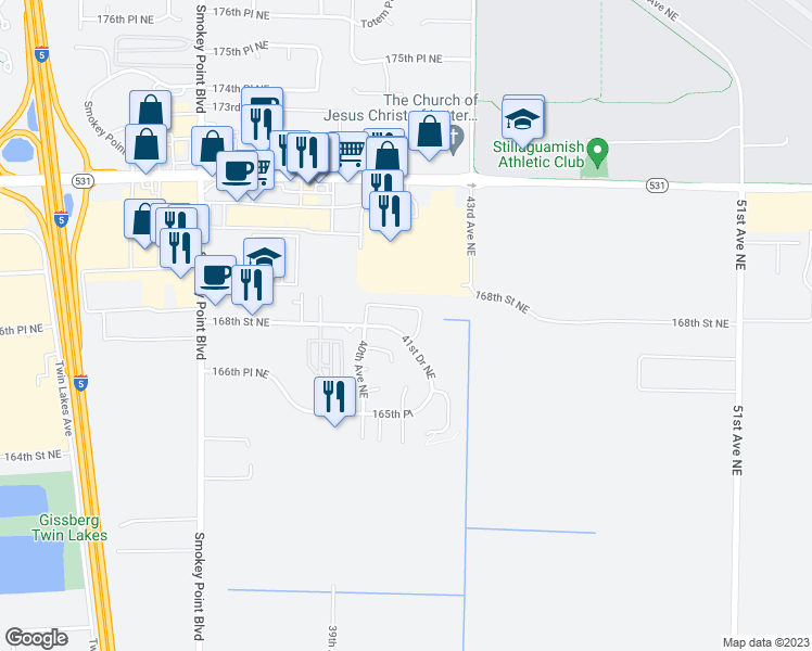 map of restaurants, bars, coffee shops, grocery stores, and more near 4027 168th Street Northeast in Arlington