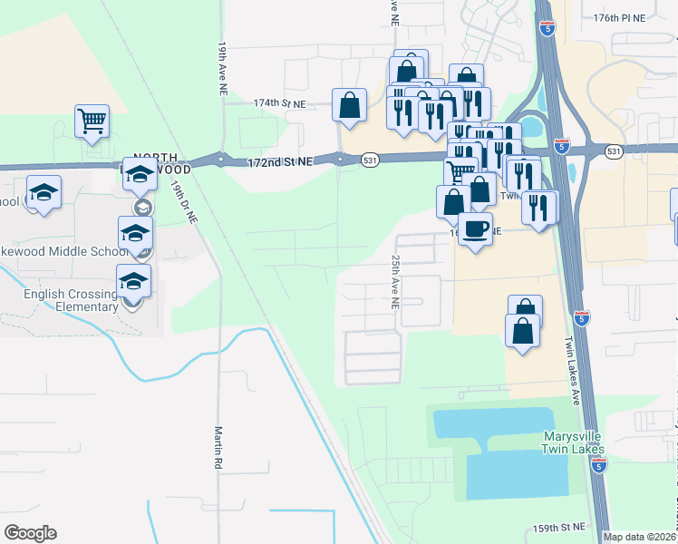 map of restaurants, bars, coffee shops, grocery stores, and more near 2226 172nd Street Northeast in Marysville