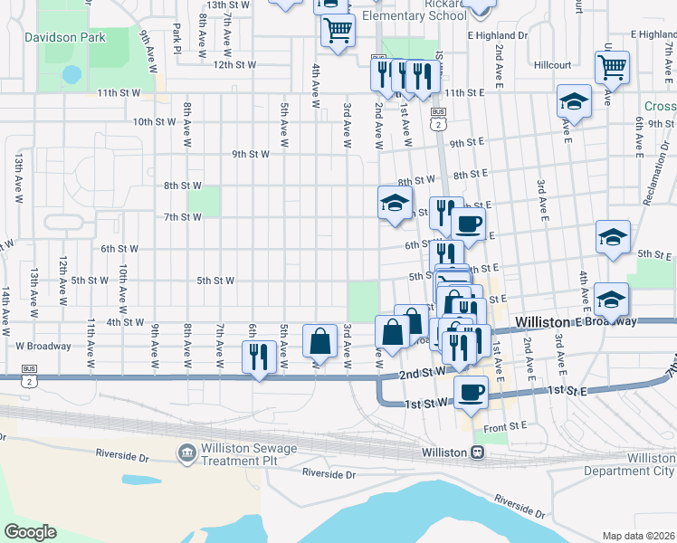 map of restaurants, bars, coffee shops, grocery stores, and more near 501-599 3rd Avenue West in Williston