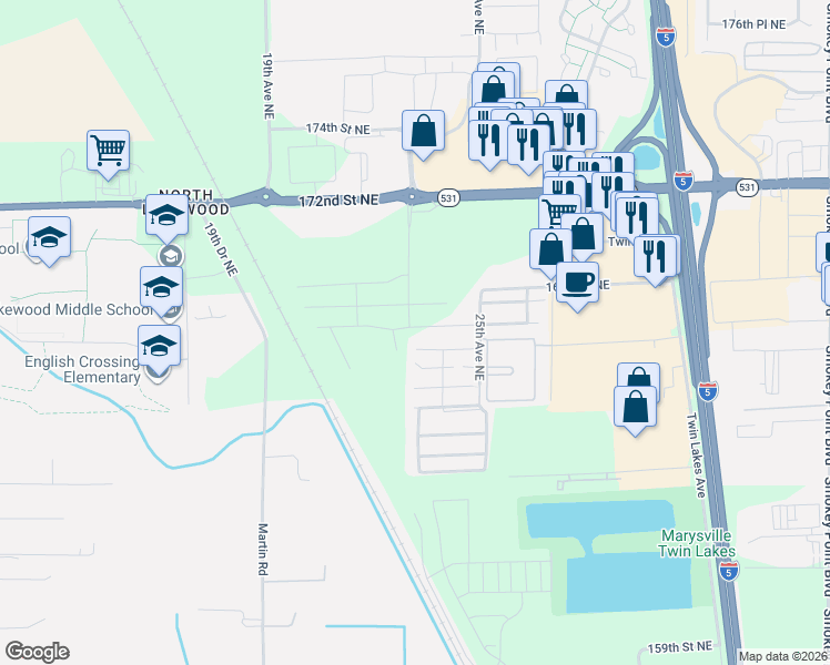 map of restaurants, bars, coffee shops, grocery stores, and more near 2226 172nd Street Northeast in Marysville