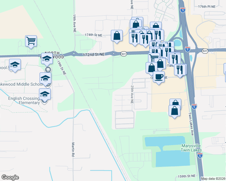 map of restaurants, bars, coffee shops, grocery stores, and more near 2226 172nd Street Northeast in Marysville
