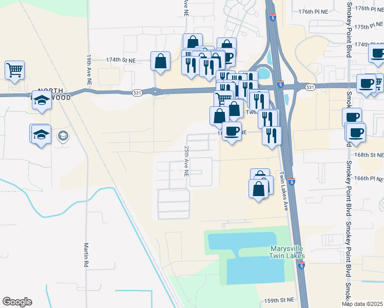 map of restaurants, bars, coffee shops, grocery stores, and more near 2506 168th Place Northeast in Marysville