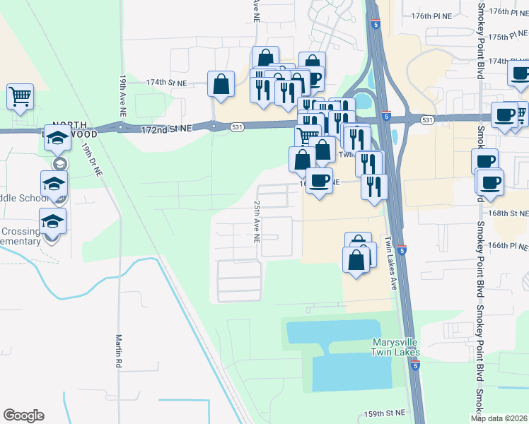 map of restaurants, bars, coffee shops, grocery stores, and more near 2506 168th Place Northeast in Marysville
