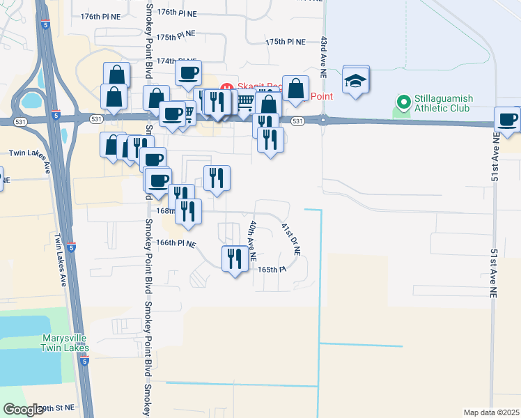 map of restaurants, bars, coffee shops, grocery stores, and more near 4009 168th Street Northeast in Arlington