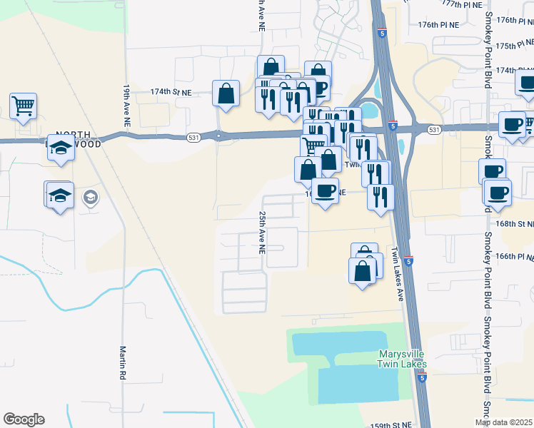 map of restaurants, bars, coffee shops, grocery stores, and more near 2225 168th Place Northeast in Marysville