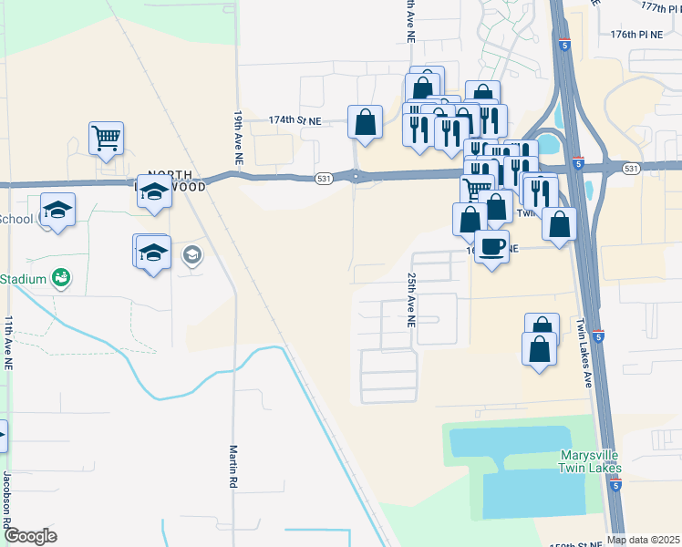 map of restaurants, bars, coffee shops, grocery stores, and more near 2225 168th Place Northeast in Marysville