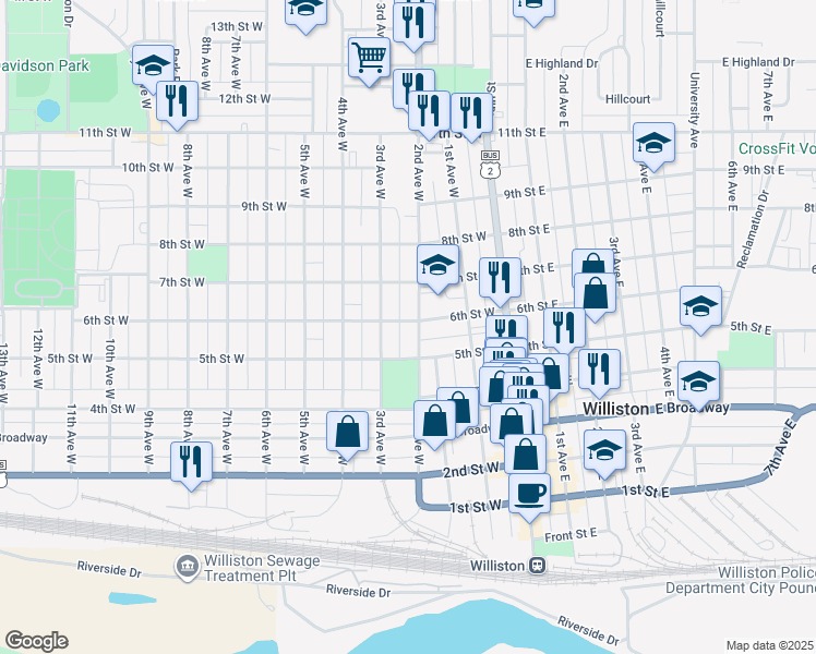 map of restaurants, bars, coffee shops, grocery stores, and more near 501-547 2nd Ave W in Williston