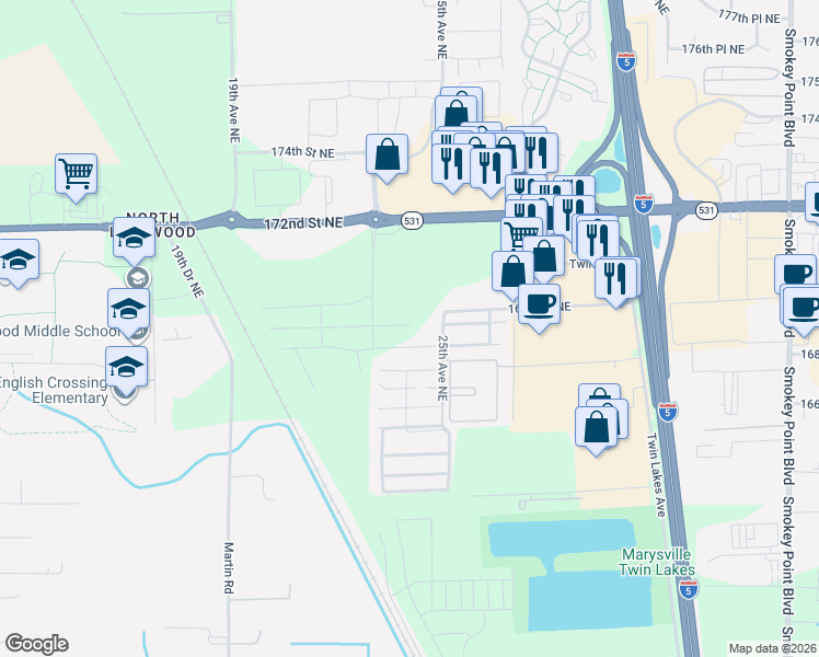 map of restaurants, bars, coffee shops, grocery stores, and more near 2231 168th Place Northeast in Marysville