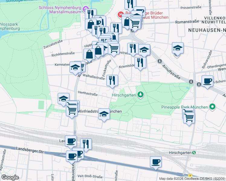 map of restaurants, bars, coffee shops, grocery stores, and more near 10 De-la-Paz-Straße in München