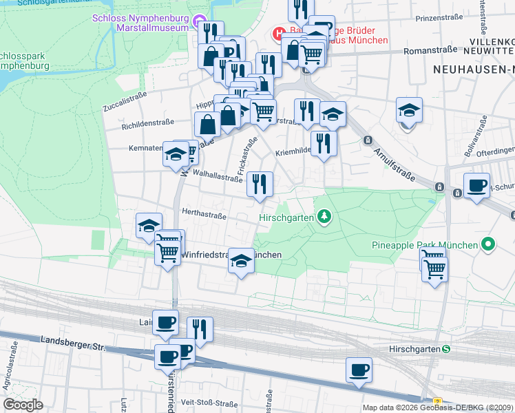 map of restaurants, bars, coffee shops, grocery stores, and more near 10 De-la-Paz-Straße in München