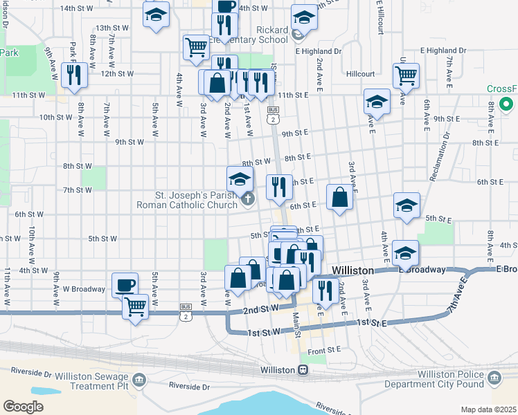 map of restaurants, bars, coffee shops, grocery stores, and more near 612 1st Avenue West in Williston