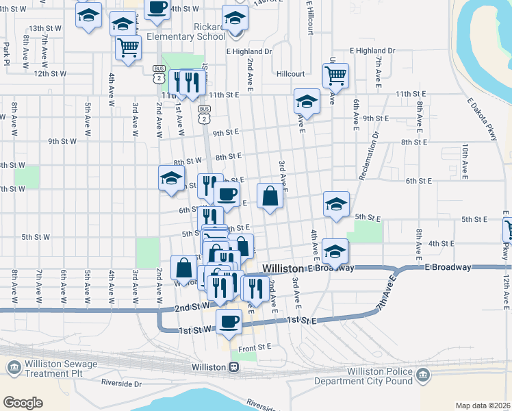 map of restaurants, bars, coffee shops, grocery stores, and more near in Williston