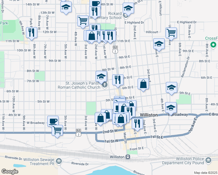 map of restaurants, bars, coffee shops, grocery stores, and more near 621 1st Avenue West in Williston