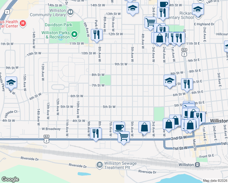 map of restaurants, bars, coffee shops, grocery stores, and more near 748-798 7th Street West in Williston