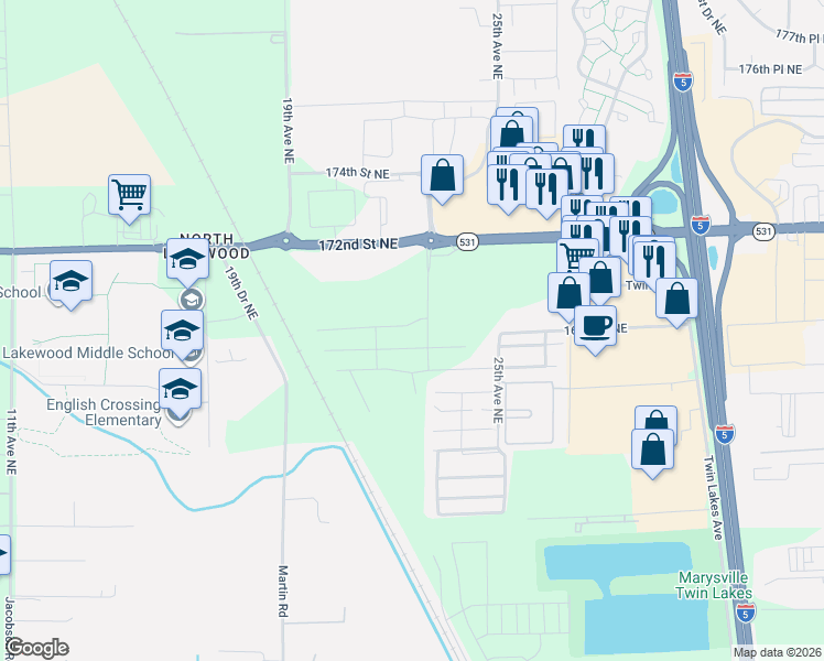 map of restaurants, bars, coffee shops, grocery stores, and more near 2150 169th Street Northeast in Marysville