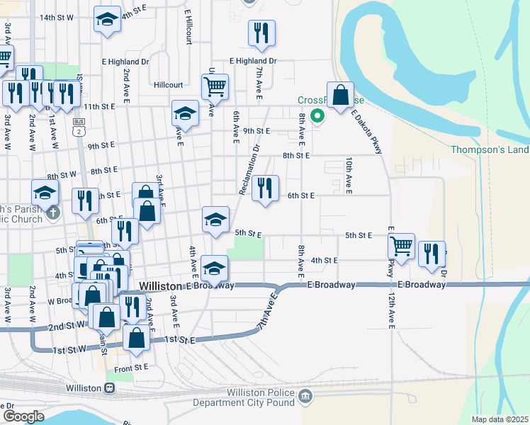 map of restaurants, bars, coffee shops, grocery stores, and more near 705 5th Street East in Williston