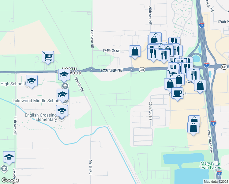 map of restaurants, bars, coffee shops, grocery stores, and more near 2093 169th Street Northeast in Marysville