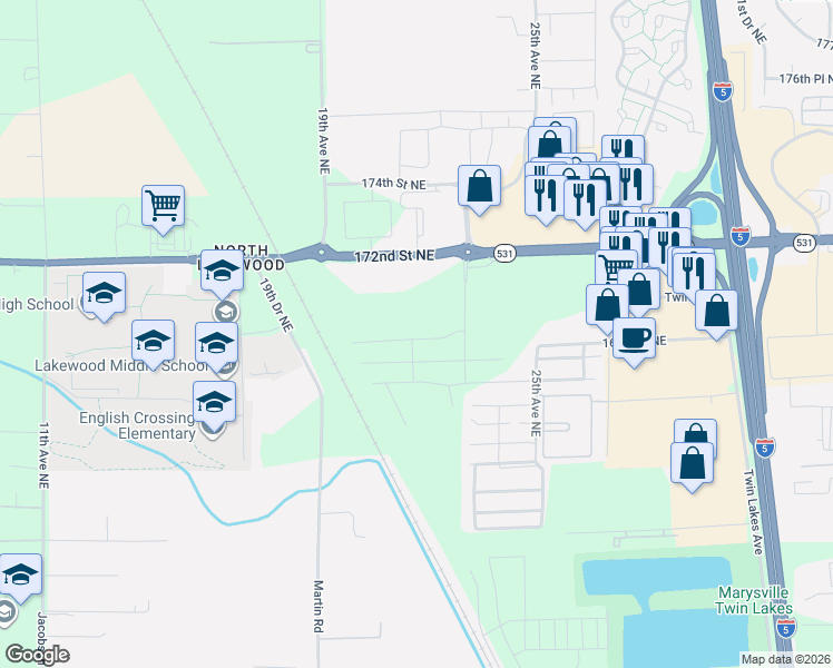 map of restaurants, bars, coffee shops, grocery stores, and more near 2226 172nd Street Northeast in Marysville