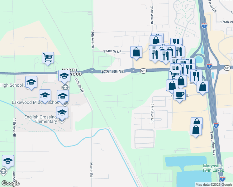 map of restaurants, bars, coffee shops, grocery stores, and more near 2226 172nd Street Northeast in Marysville
